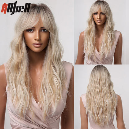 Long Wavy Wine Red Synthetic Wigs Natural Wave Afro Wigs With Bangs for Black Women Cosplay Costume Wig Heat Resistant Fiber