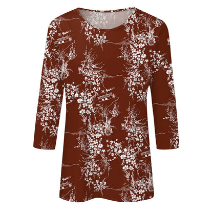 2024 Women Summer Tops Comfortable T Shirt Fashion Flower Print Round Neck 3/4 Sleeve Tops Soft Versatile Pullover Ropa De Mujer