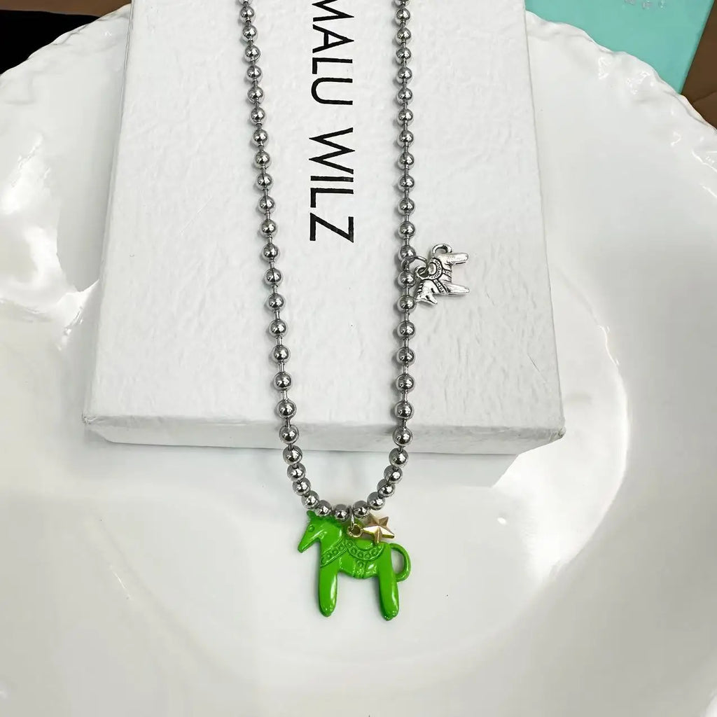 LATS White Black Green Blue Pink Color Enamel Colt Horse Pendant Necklaces for Women Silver Plated Alloy Beads Chain Chokers
