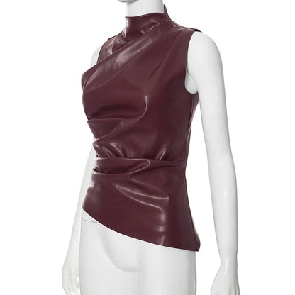 Women Y2K Vintage Pu Simple Basic Tank Top High Waist Skinny Shrunk Slash Cut Sleeveless Tops Versatile Noble Shirts