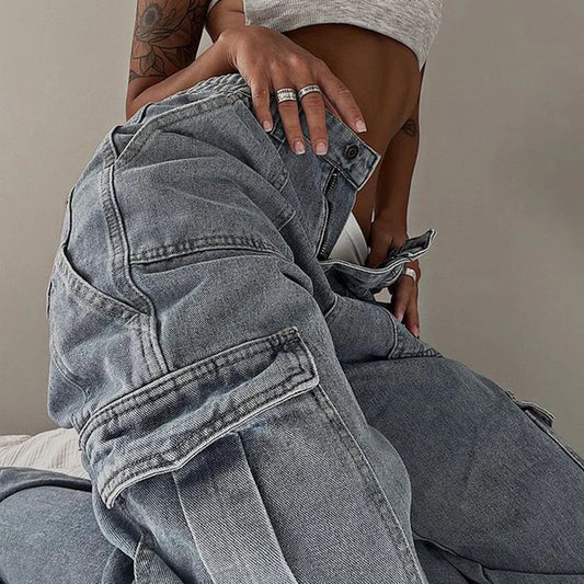 Women's Vintage Washed Loose Straight Low-Rise Elastic Waist Patchwork Cargo Jeans with Cuffed Pockets Trendy Streetwear Casual