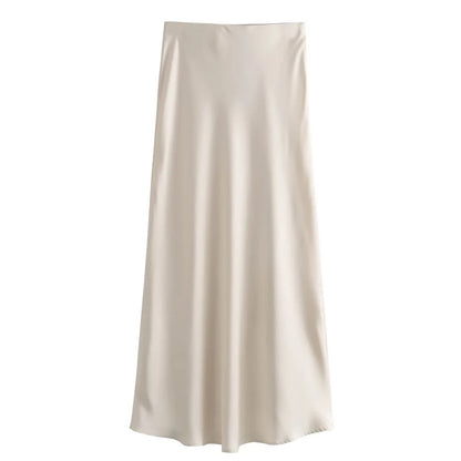 TRAF Women's Skirt Summer Elegant Satin Skirt Stylish Lady High Waist Skirts Cylinder Green Black Skirt Woman Office Street Wear