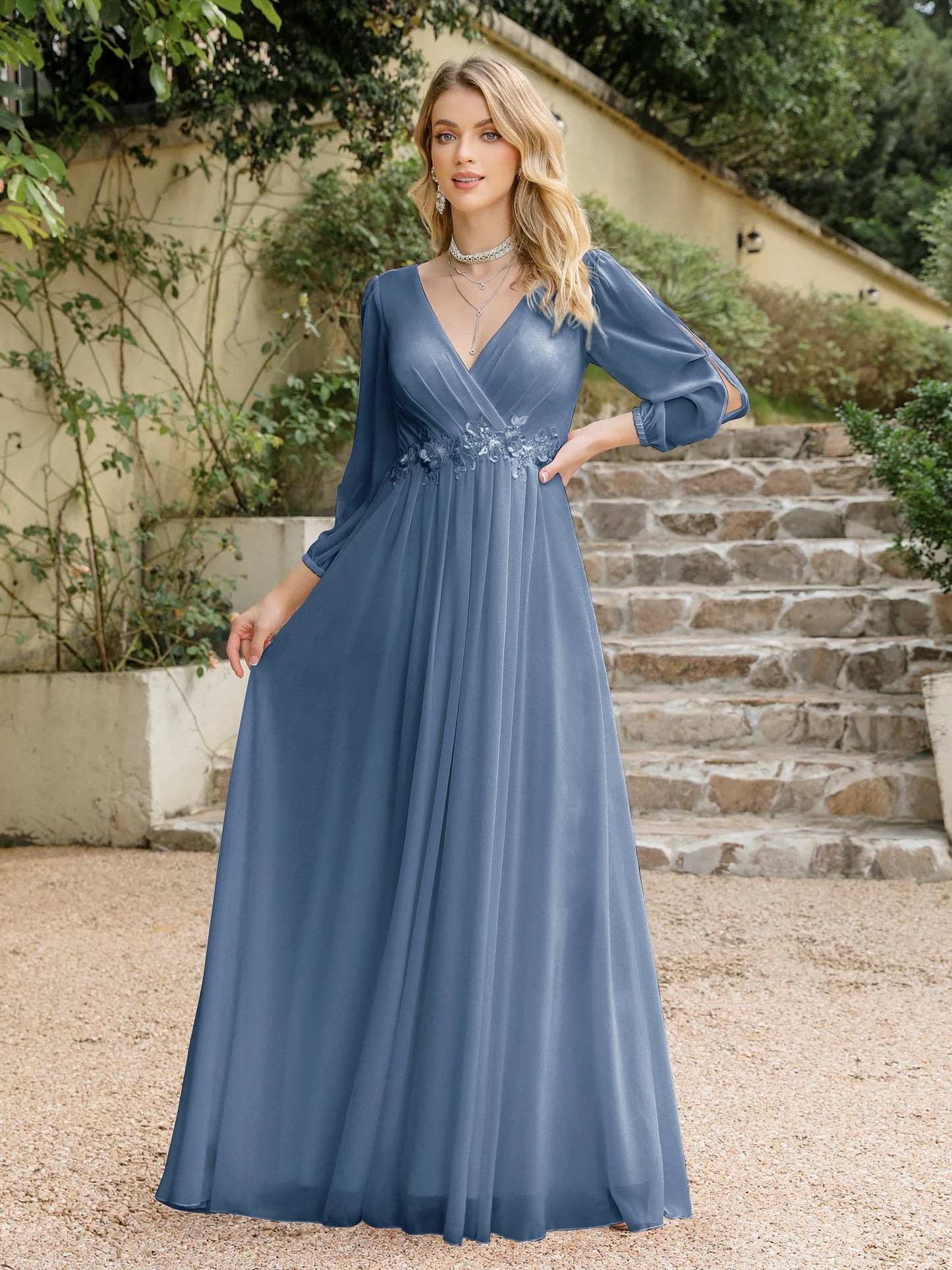 2025 Women Evening Dresses Sexy Deep V-Neck Tulle Full Sleeve Prom Gowns Appliques Empire Pleated A-Line Elegant Bridal Dress