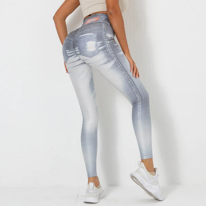 Push Up Yoga Pants Women Fitness Leggings Imitation Jeans Patchwrok Scrunch Tights High Waist Leggings Gym Workout Sport Leggins