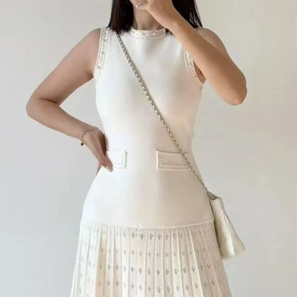 Women's summer dress with round neck and short sleeves with pearl decoration elegant party dress women's dresses trend 2025