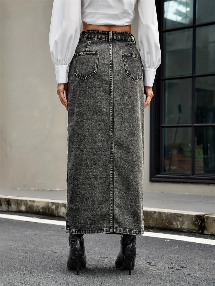 Benuynffy American Streetwear Button Front Denim Skirt Women's Autumn New Retro Fashion High Waist Straight Jean Long Skirts