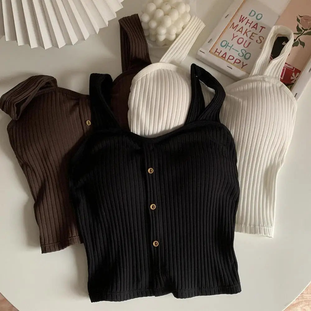 Woman's Top With Built In Bra Button Padded Bra Lady's Top Strap Vest Tank Top Summer Girls Cute Women Casual Female Camisole