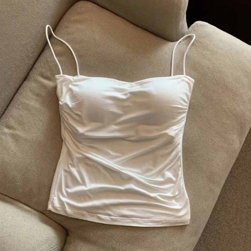 Sleeveless Tees Tank Tops For Women Camisole Vest Cropped Top Slim Fit Solid Color Spaghetti Strap Built In Bra Women Clothes