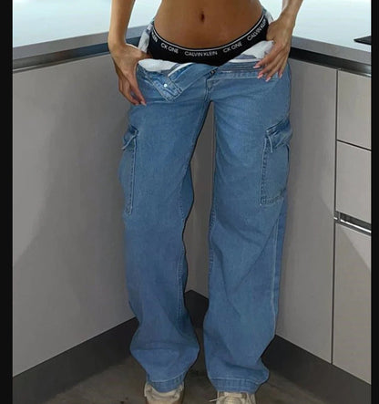 Women High Waist High Elastic Solid Jeans 2023 New Autumn Jeans Women Workwear with Pocket Denim Straight-Leg Pants Cargo Pants