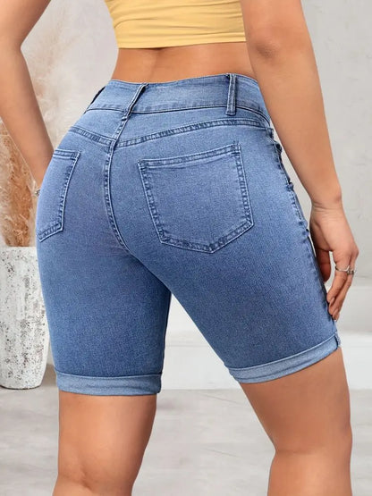 Blue elastic double-breasted fashion shorts jeans women's jeans