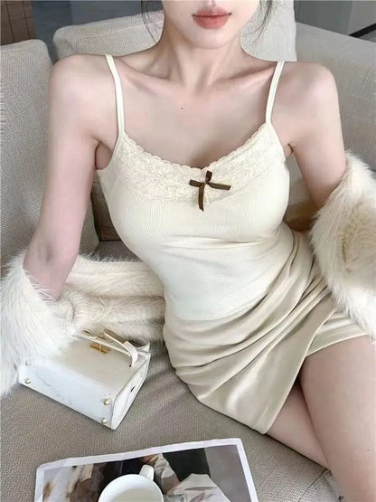 Women Camisole Tank Tops Sexy Bow Sleeveless Corset Top with Chest Pad Sweet Lace Patchwork Crop Tops Summer Slim Elegant Camis