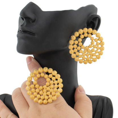 Earrings Jewelry Set for Women African 18k Gold Color Earrings with Ring Unusual Design Ear Accessories Girls Lover Daily Gifts