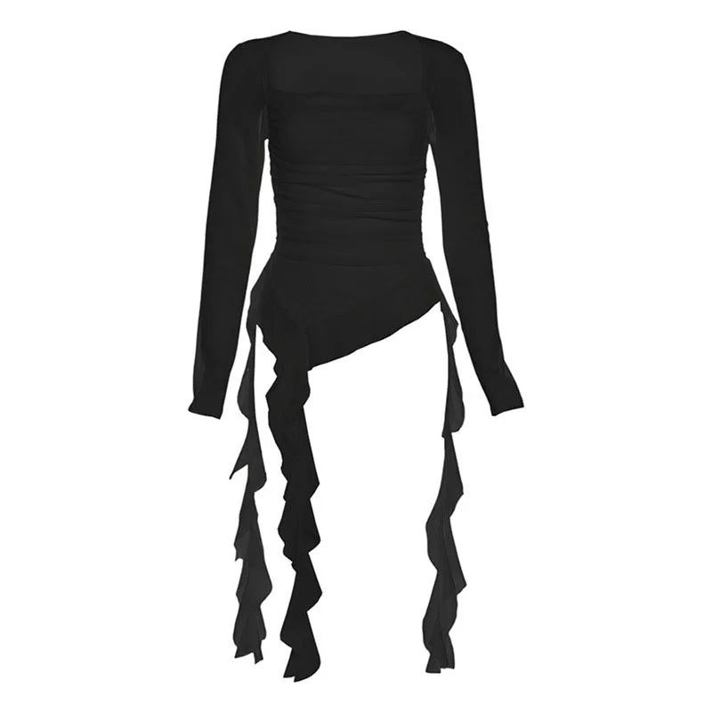 Sexy Women's Tops Fashion White Black Irregular Ribbon T-shirts for Women Long Sleeve Ruffles Slim Punk Tops Female Clothing Y2k