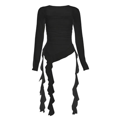 Sexy Women's Tops Fashion White Black Irregular Ribbon T-shirts for Women Long Sleeve Ruffles Slim Punk Tops Female Clothing Y2k
