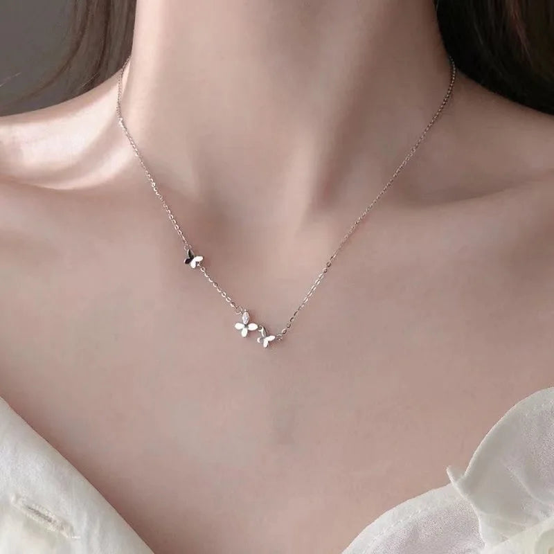 Romantic Cherry Blossoms Flower Necklace For Women Shiny Crystal Zircon Butterfly Flower Pearl Clavicle Chain Girl Party Jewelry