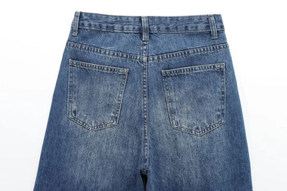 Women's new chic fashion asymmetrical waist design loose high waist wide leg jeans retro side pocket zipper women's denim pants