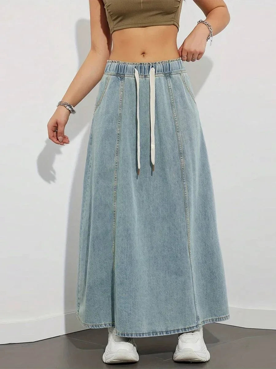Harajuku Denim Skirt y2k Aesthetic Elastic Drawstring High Waist A Line Flare Jean Skirt Ladies Vintage Skirts Streetwear