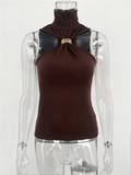 Women Fashion Sexy Tank Top Turtleneck Sleeveless Off-Shoulder Pullover Y2K Vest Summer Hanging Neck Cropped Tops Party Street