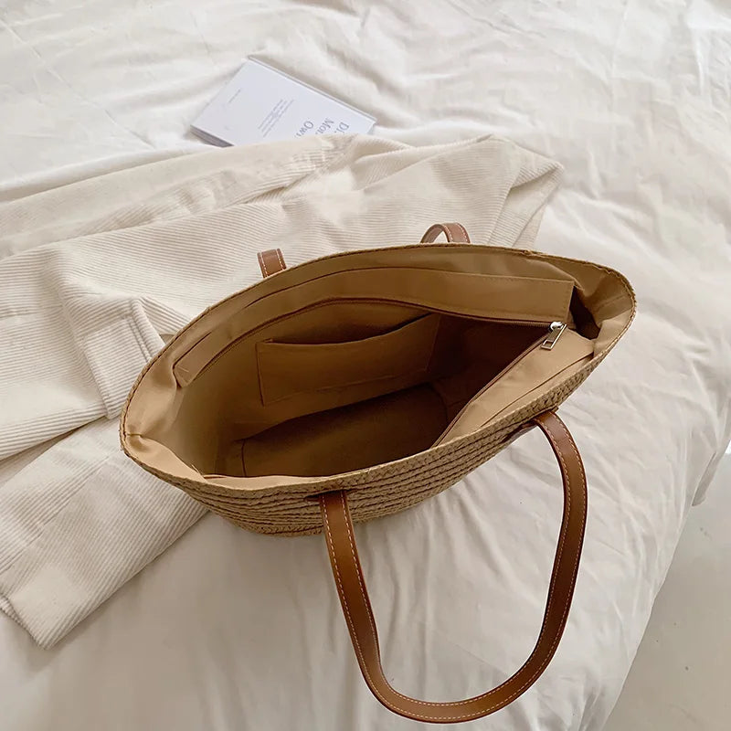 Women Braided Basket Clutches Top-handle Bag Large Straw Portable Shoulder Bag Summer Beach Party Purses Shopper Satchel Female