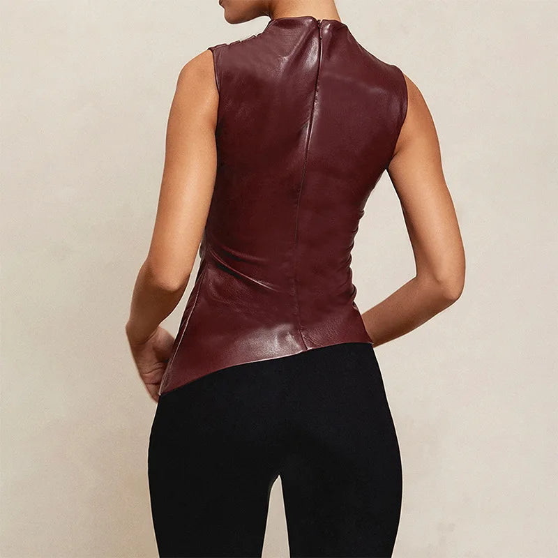 Women Y2K Vintage Pu Simple Basic Tank Top High Waist Skinny Shrunk Slash Cut Sleeveless Tops Versatile Noble Shirts