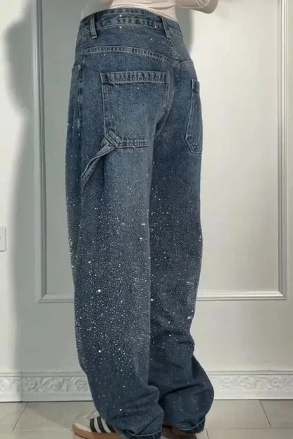 New Women Casual Hot Drilling Jeans Autumn Winter Cowboy Trousers High Waist Button Pockets Fashion Female Loose Straight Pants