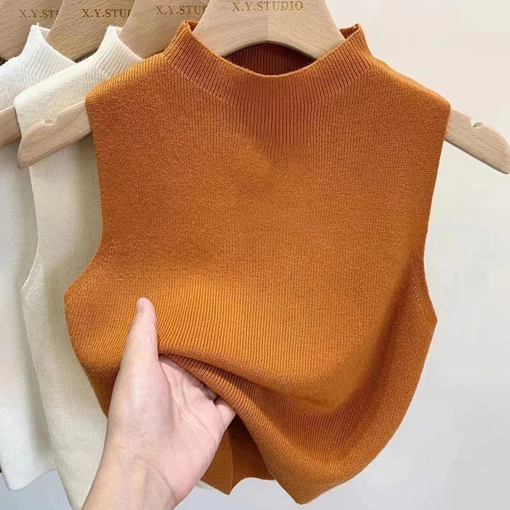 Women's Vest Tank Top Solid Color Knitted Tees Cropped Camisole Sweater Half-turtleneck Spring Autumn Sleeveless топ женский
