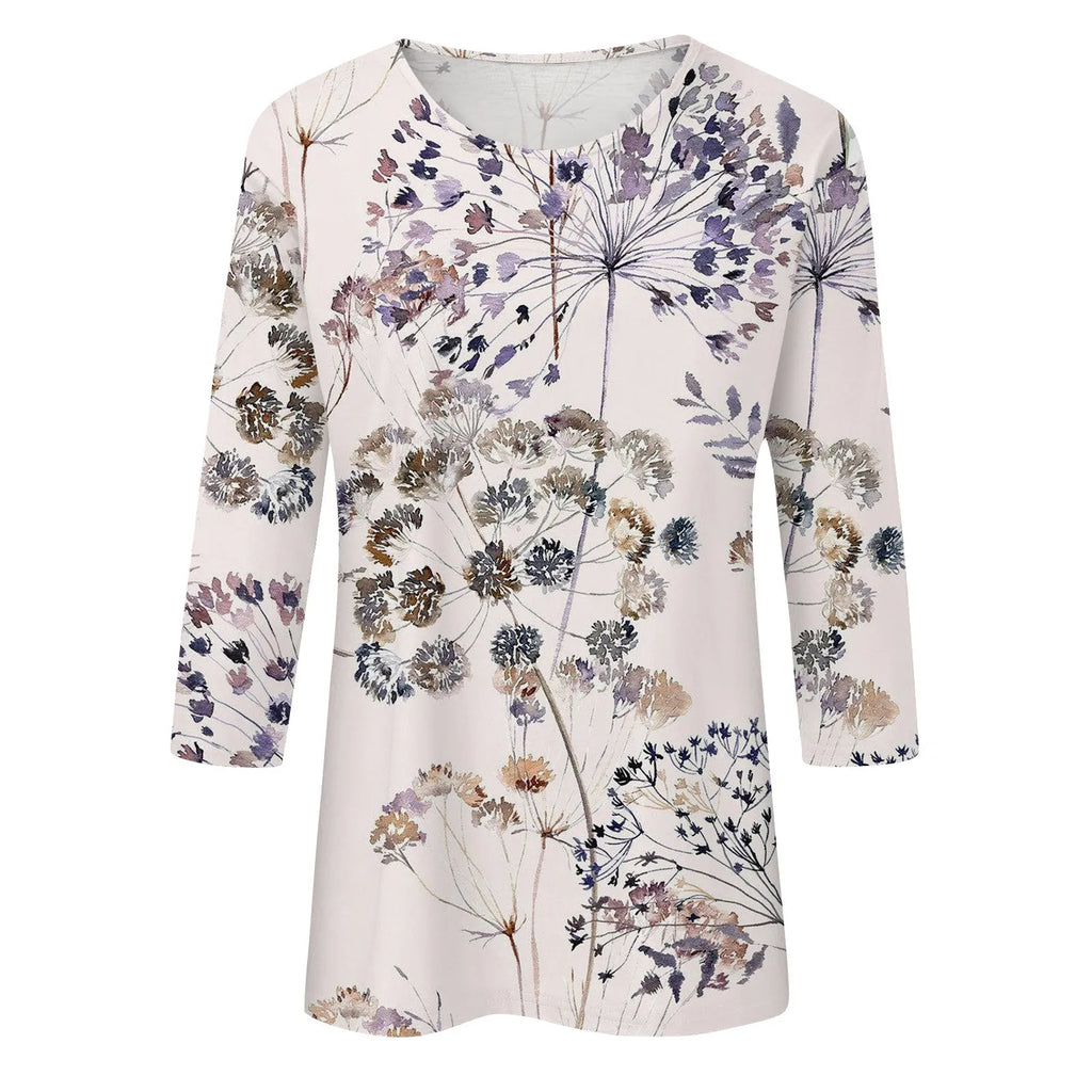2024 Women Summer Tops Comfortable T Shirt Fashion Flower Print Round Neck 3/4 Sleeve Tops Soft Versatile Pullover Ropa De Mujer