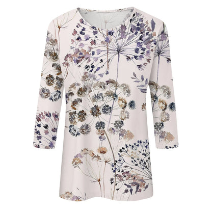 2024 Women Summer Tops Comfortable T Shirt Fashion Flower Print Round Neck 3/4 Sleeve Tops Soft Versatile Pullover Ropa De Mujer