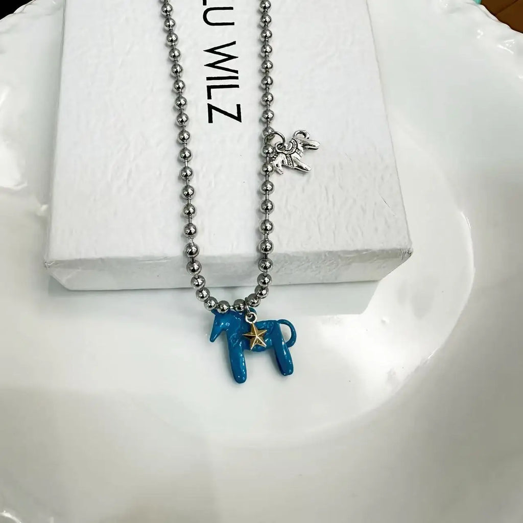 LATS White Black Green Blue Pink Color Enamel Colt Horse Pendant Necklaces for Women Silver Plated Alloy Beads Chain Chokers