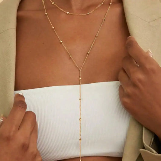 Layered Y-Shaped Necklace with Beaded Chain Detailing and Lariat Structure, Minimalist Two-Strand Design for Everyday Wear